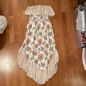Tan & White Floral Print Strapless Maxi Dress
